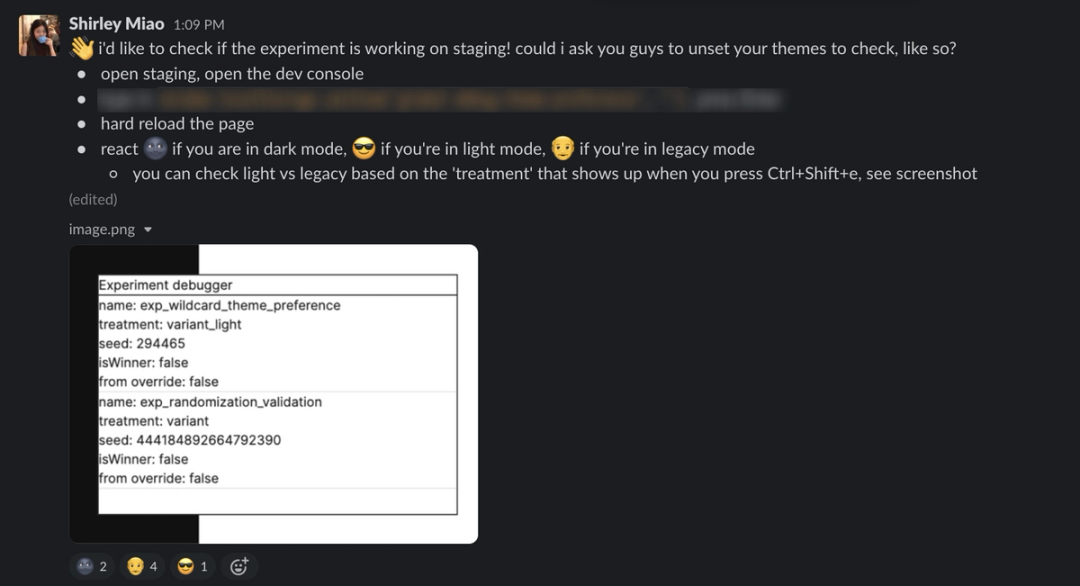 Instructions in an internal Slack channel about how to test dark mode