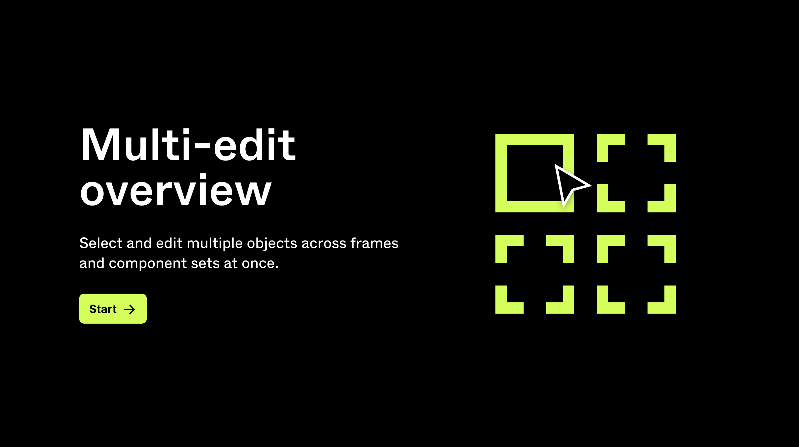  A black background with white text reads "Multi-edit overview" and "Select and edit multiple objects across frames and component sets at once." Underneath, a green "Start" button. T the right, a graphic depicts a cursor selecting one of several green outlined squares.