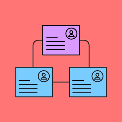 one purple and two blue user icon documents connected by lines over a red background