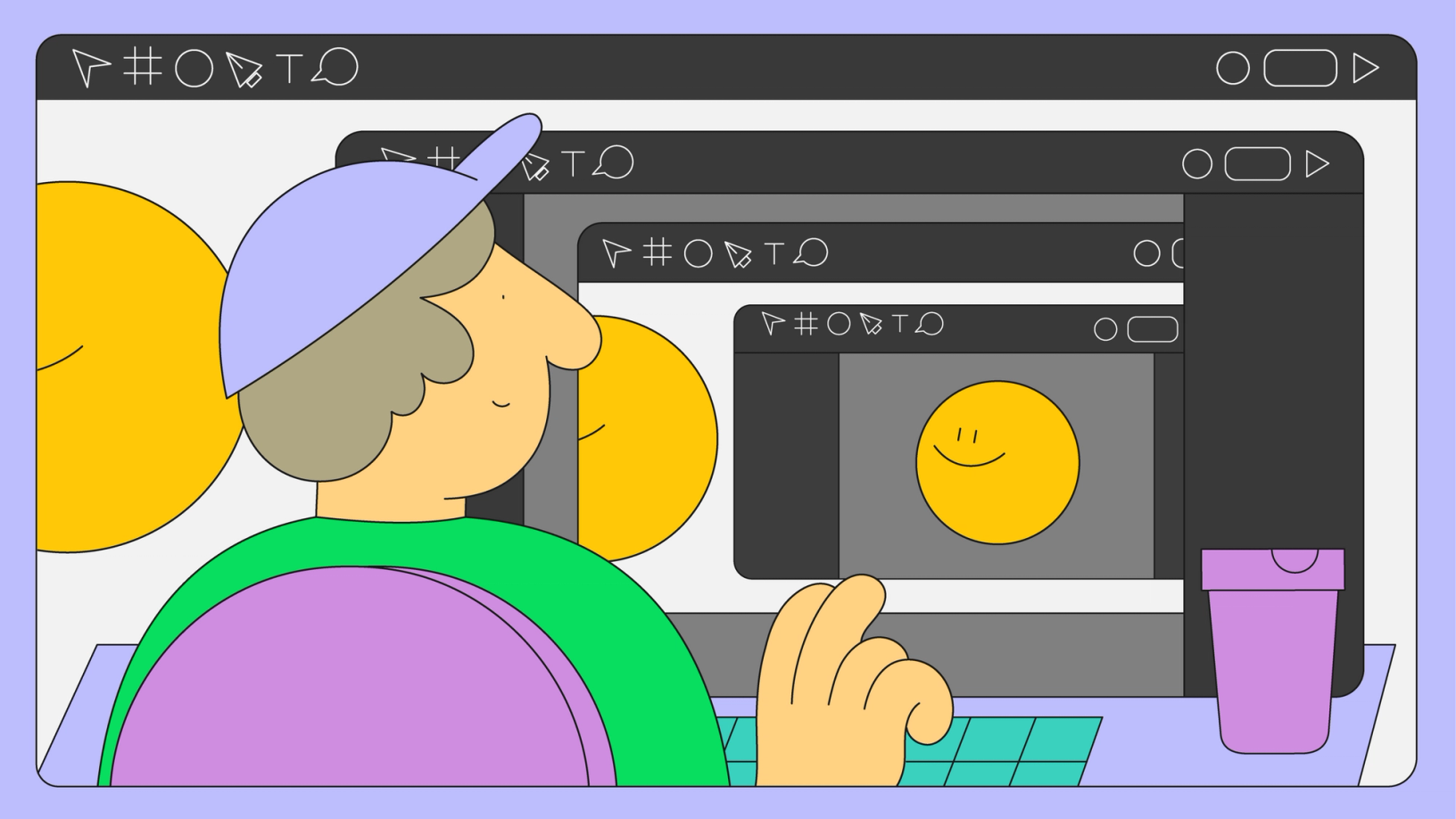 person in baseball cap on a cascading series of computer screens with a yellow circle smiling back at them