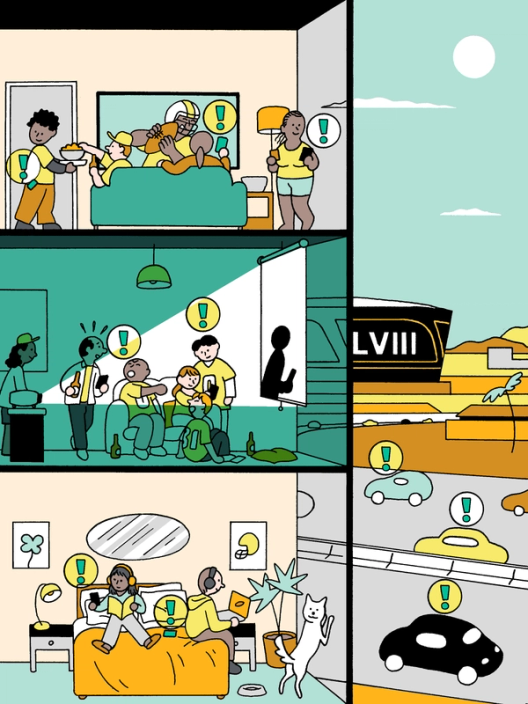 An illustration with panels showing people in different scenarios getting a push notification on their phone, whether it be relaxing in bed or watching the Super Bowl