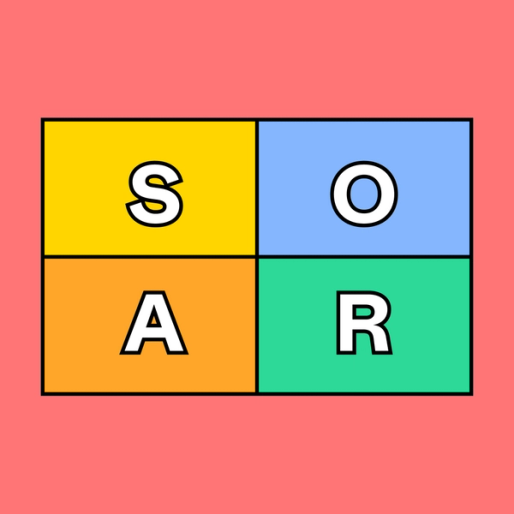 four rectangles with white letters spelling the word S-O-A-R 