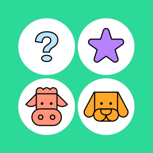 cow, question mark, star, and dog drawings on white circles