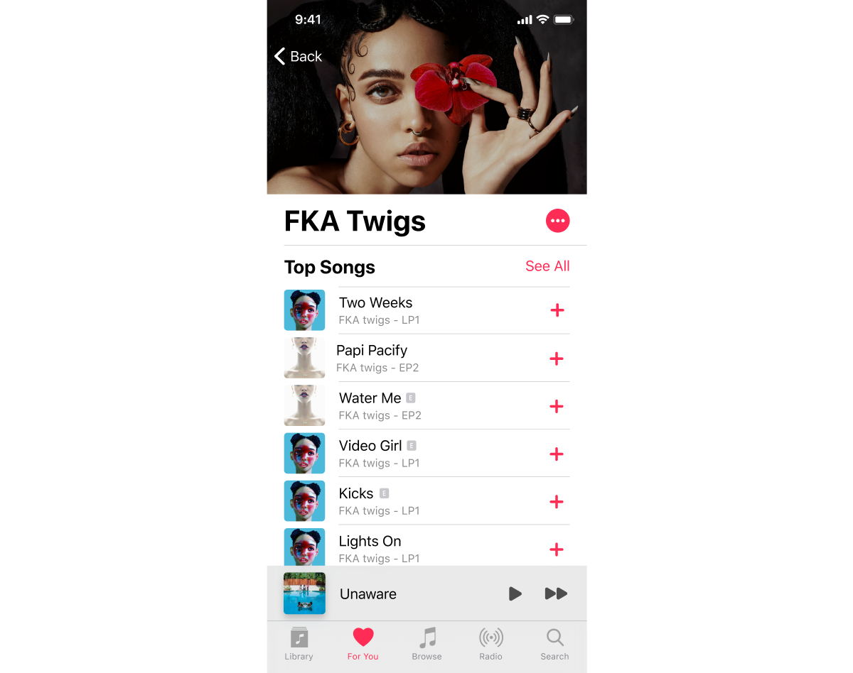 Apple music interface listing FKA Twigs' top songs