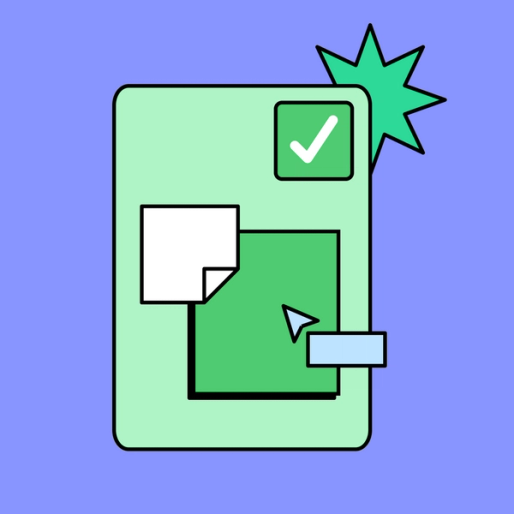green rectangle with a green checkmark and starburst indicating completion