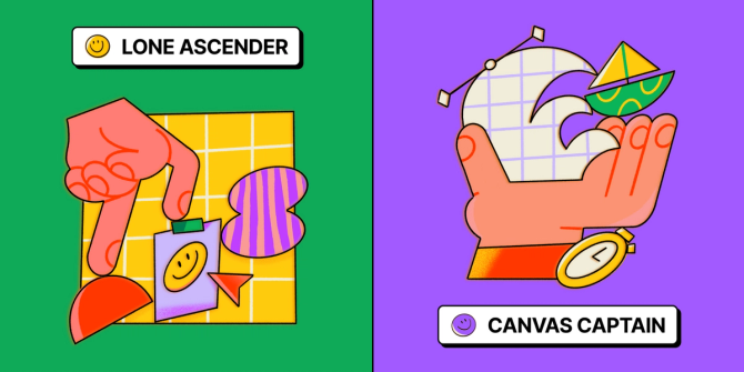 side-by-side illustrations showing lone ascender and canvas captain