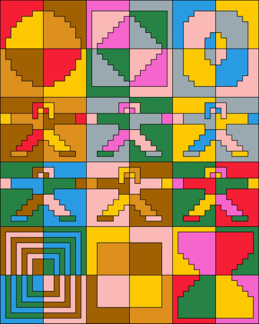Geometric illustration showing a grid with different shapes and people divided into different colors