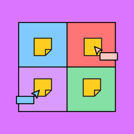 four colorful squares with yellow sticky notes overlayed on top