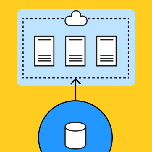 blue circle with arrow pointing up to a blue rectangle with three pieces of paper and a cloud