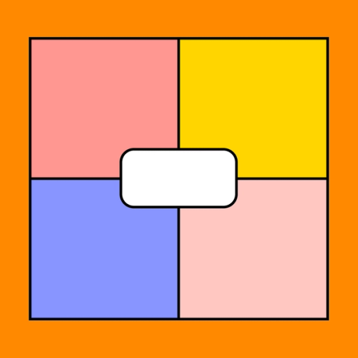 four colorful squares with a white label overlayed on top