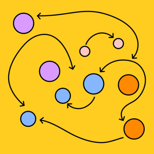 colorful circular shapes surround by curved arrows pointing to each circle