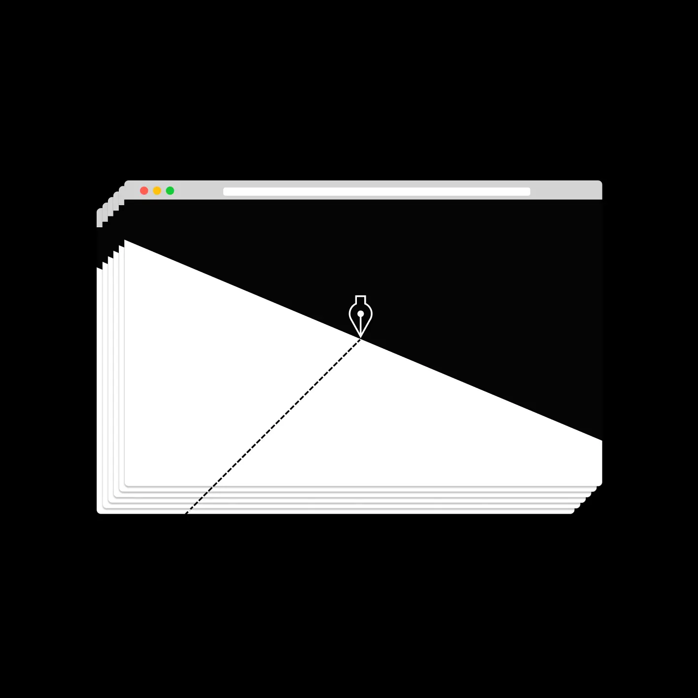 cascading browser windows and a pen tip drawing a diagonal dotted line