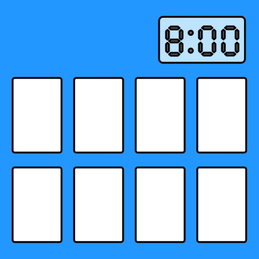 eight white rectangles in two rows with an eight-minute timer in the upper right hand corner
