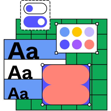 Curseur, formes, lettres et zones de délimitation superposés sur une grille au sein d'un design system