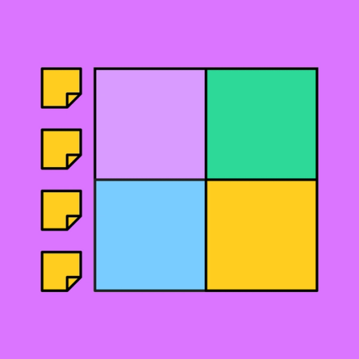 four colorful squares next to four yellow sticky notes over a purple background