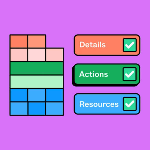 colorful rectangles with the words details, actions, and resources