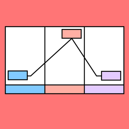 blue, red and purple rectangles connected to three white rectangles