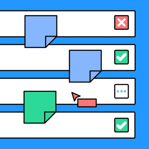 parallel white rows with icons representing task stage