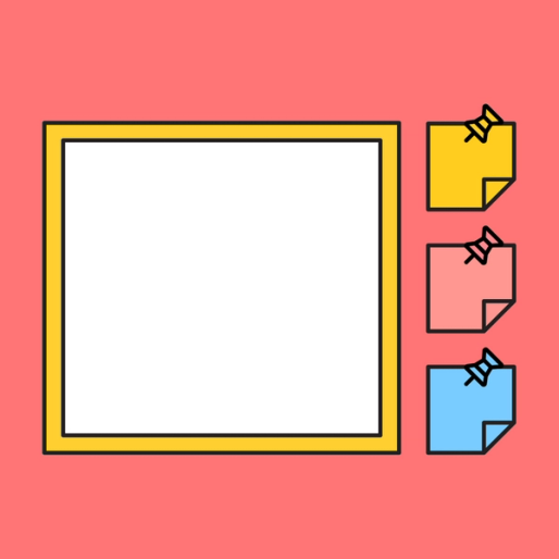 bulletin board with three colored sticky notes