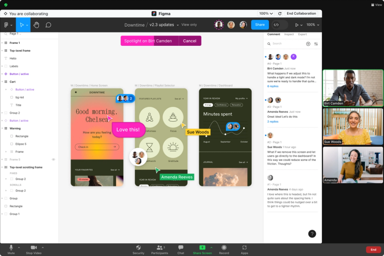 Une équipe en cours d'appel vidéo Zoom travaillant sur des designs mobiles dans Figma
