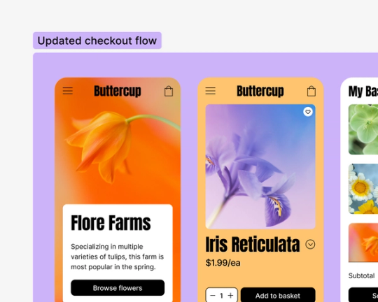 A close up of a section labeled &quot;Updated checkout flow&quot; showing mobile screens of a checkout flow
