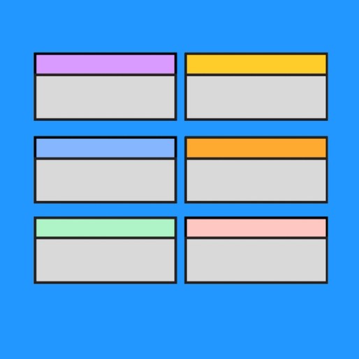 six rectangles with colorful labels