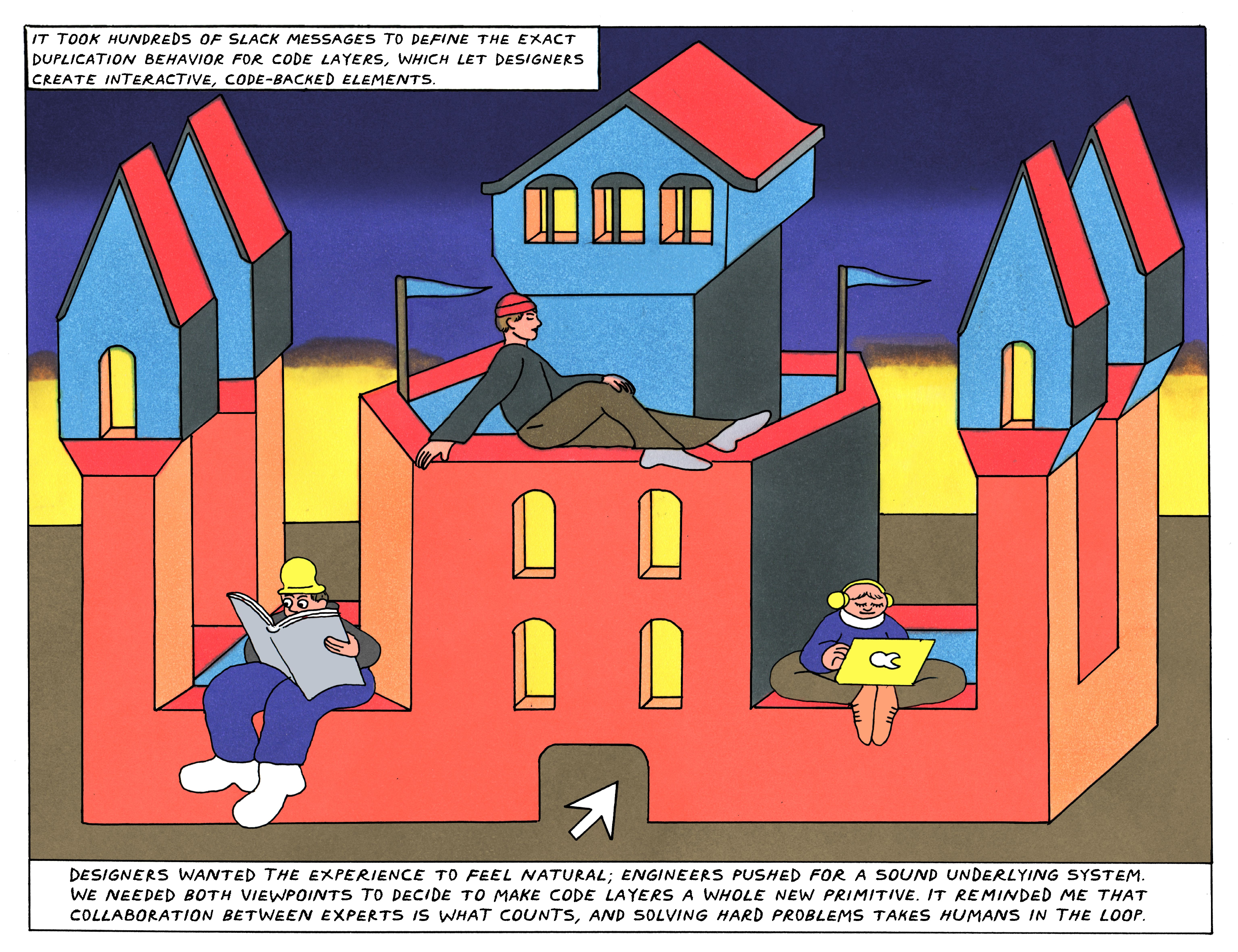 Designers and engineers sit atop a whimsical castle-shaped structure, illustrating how collaboration between experts makes complex ideas possible.