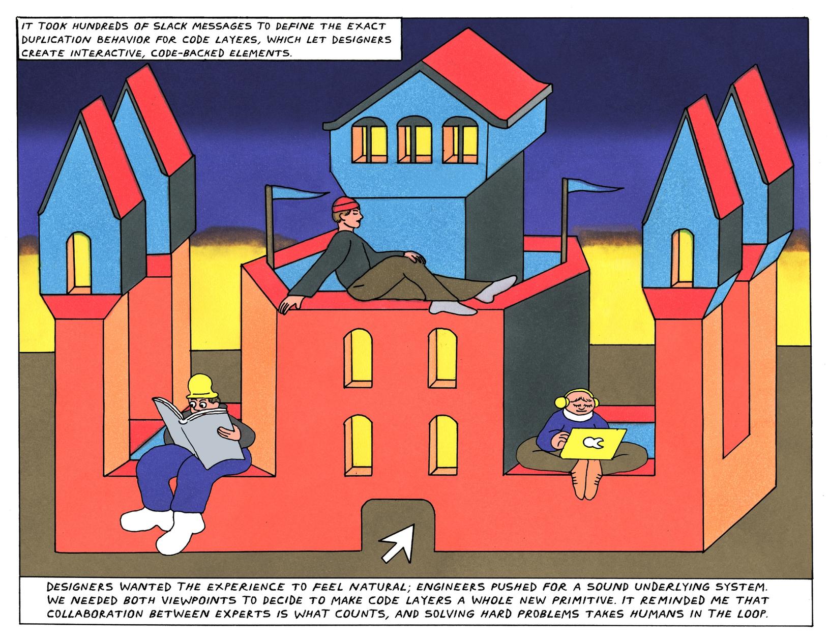 Designers and engineers sit atop a whimsical castle-shaped structure, illustrating how collaboration between experts makes complex ideas possible.
