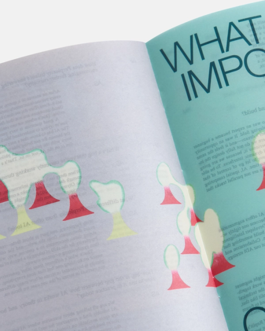 A close-up of a print spread shows an illustrations spreading across the binding.