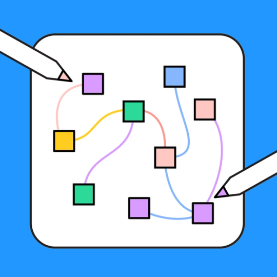 colorful square shapes connected by colorful lines with pencils overlayed on top