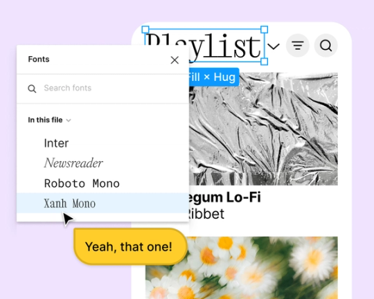 Yellow cursor chat saying “Yeah, that one!” while hovering over a font dropdown on a mobile app.