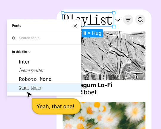 Curseur de tchat déclarant « Oui, celle-là ! » en passant sur le menu de polices déroulant d'une application mobile.