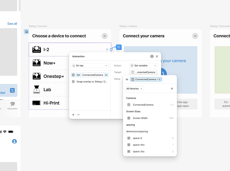 Prototyping interface showing Polaroid camera connection settings with I-2, Now+, Onestep+, Lab and Hi-Print device options