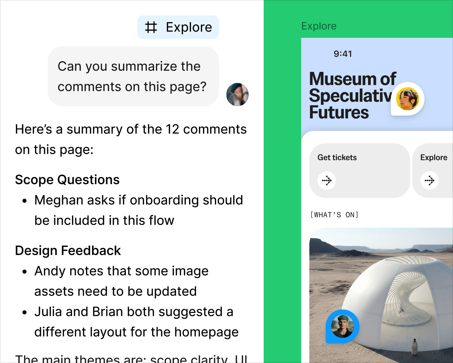 An agent thread summarizing 12 comments on a page into scope questions and design feedback, next to the museum app design the comments refer to.