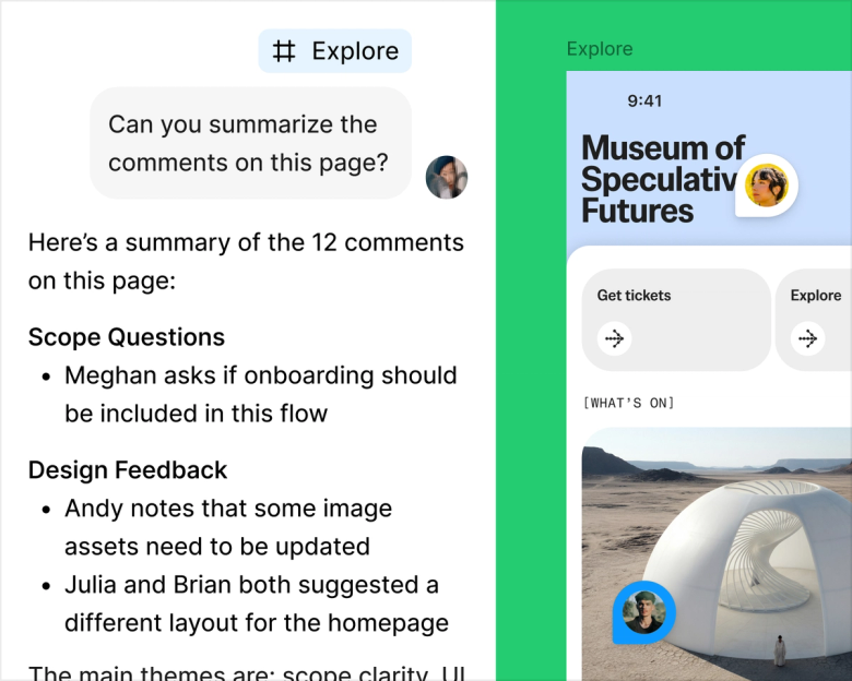 An agent thread summarizing 12 comments on a page into scope questions and design feedback, next to the museum app design the comments refer to.