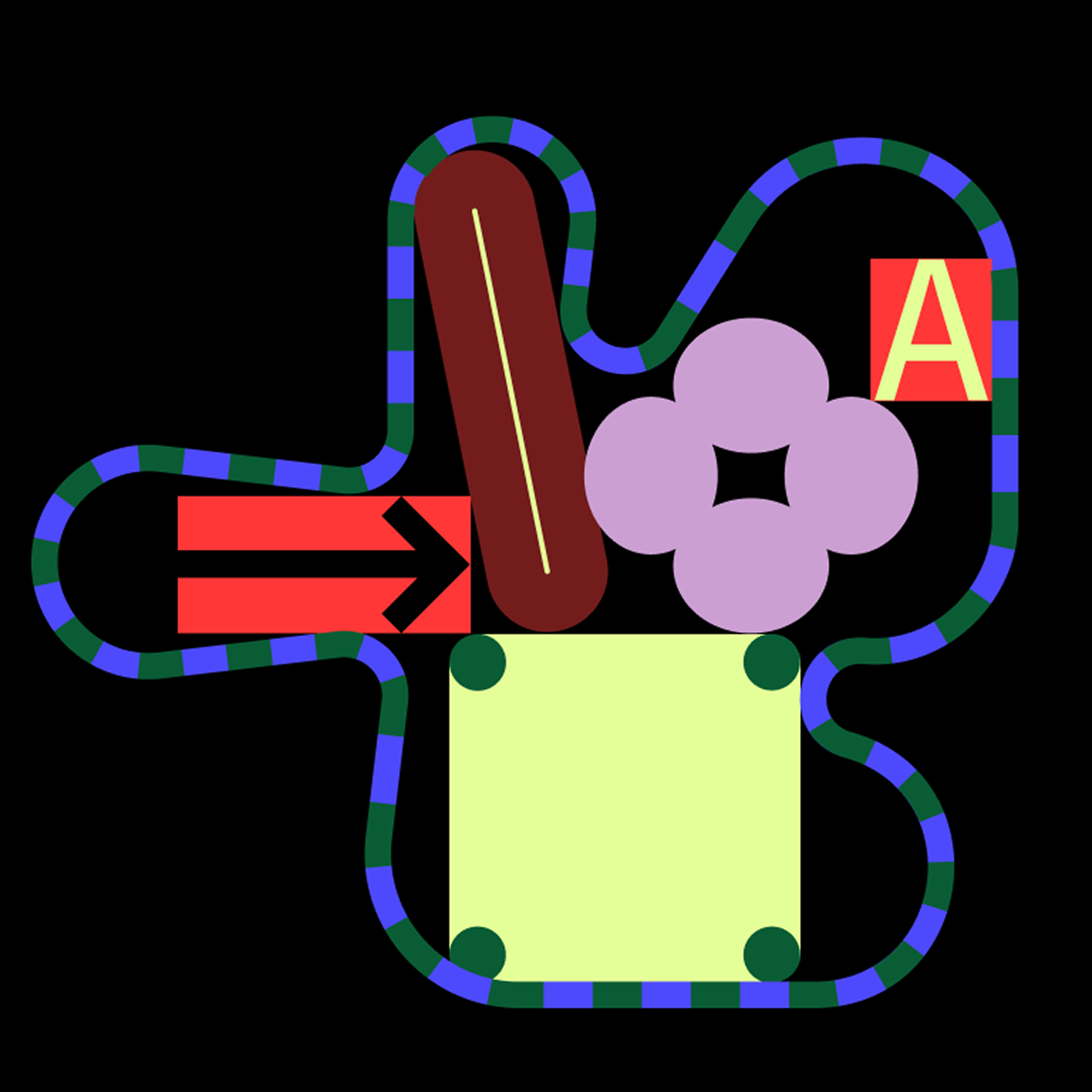 Abstract illustration of colorful interface elements—including arrows, a letter, a smiley face, a flower, and a square—connected by a winding striped path on a black background.