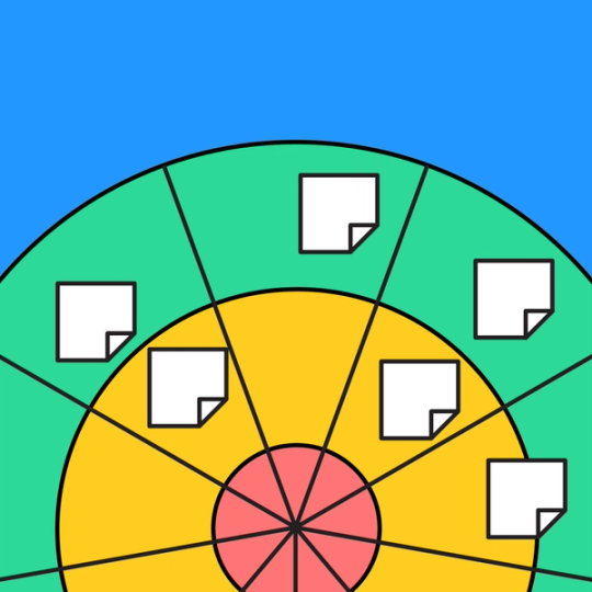 zoomed in snapshot of a colorful pie chart with sticky notes overlayed