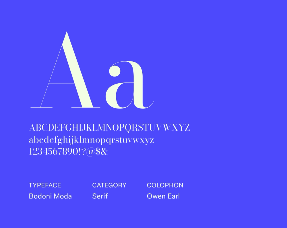 Bodoni Moda sample with dramatic contrast, thin unbracketed serifs, and stylish, high-fashion letterforms.