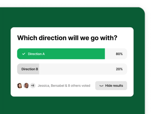A green slide showing poll results for "Which direction will we go with?" with "Direction A" receiving 80% of the votes and "Direction B" receiving 20%. User avatars are shown below the results.