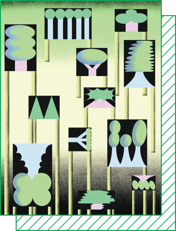 An abstract illustration of distorted trees raised on poles over a gradient background.