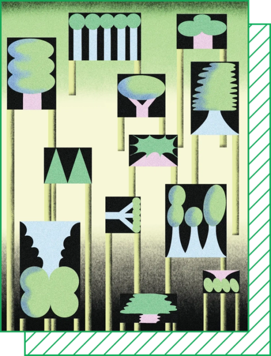 An abstract illustration of distorted trees raised on poles over a gradient background.