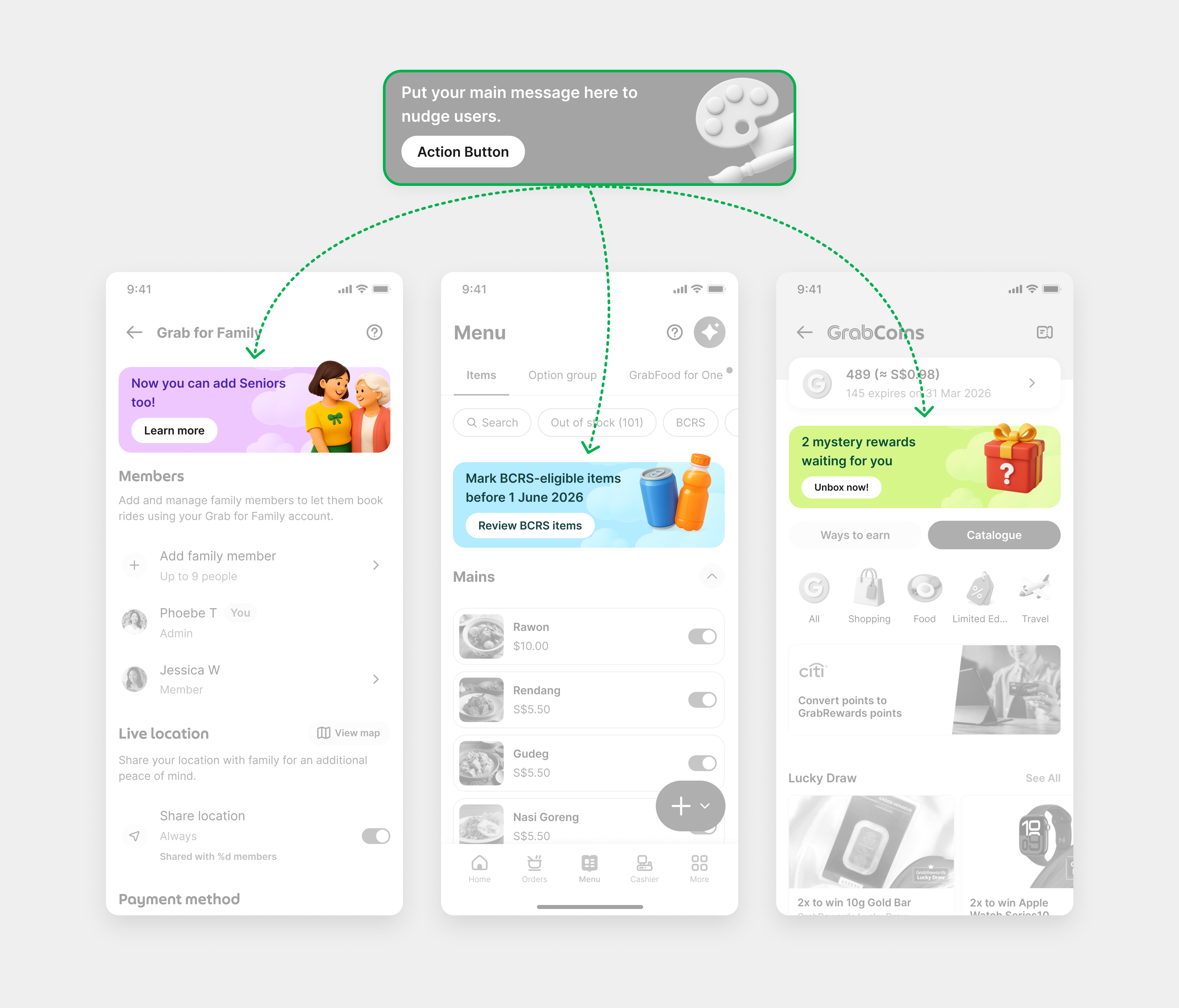 The nudge component screen on the Grab app