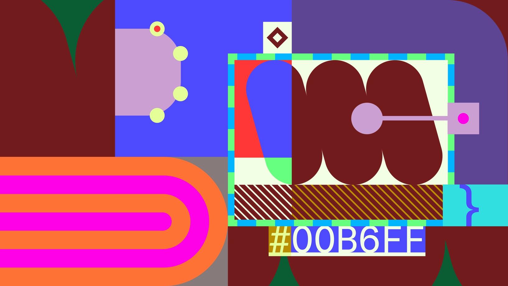 An illustrated collage of abstract shapes in bright colors and bold patterns that allude to inspecting and annotating in Dev Mode