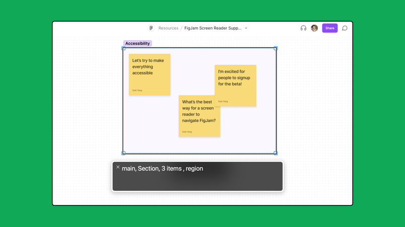 A screenshot of a FigJam file with a rectangular box. Inside the box has three yellow stickies with brainstorming text. The FigJam file is set on a green background.