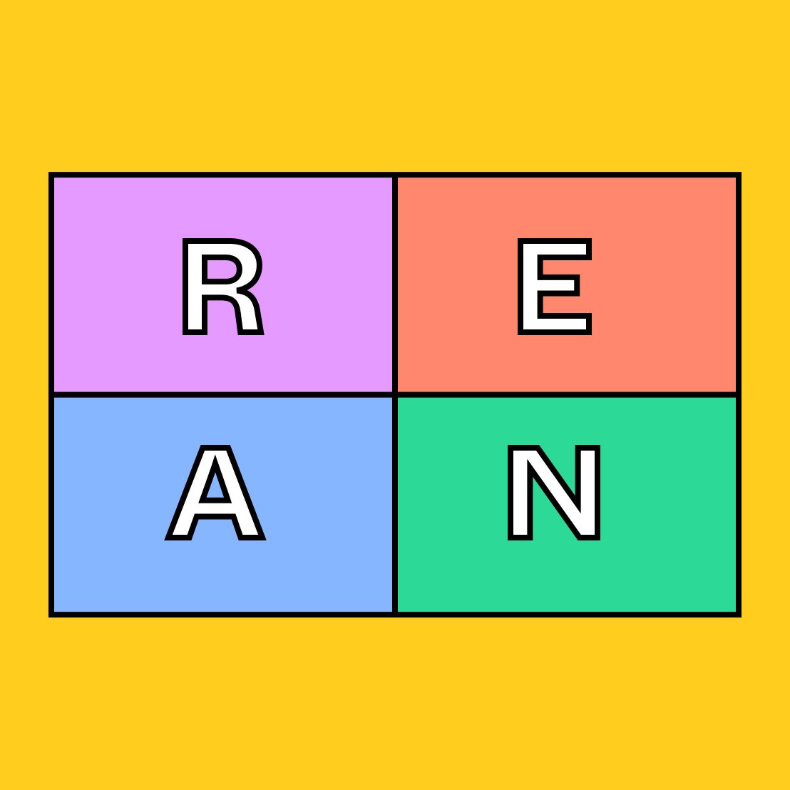 four rectangles with the letters R-E-A-N on them
