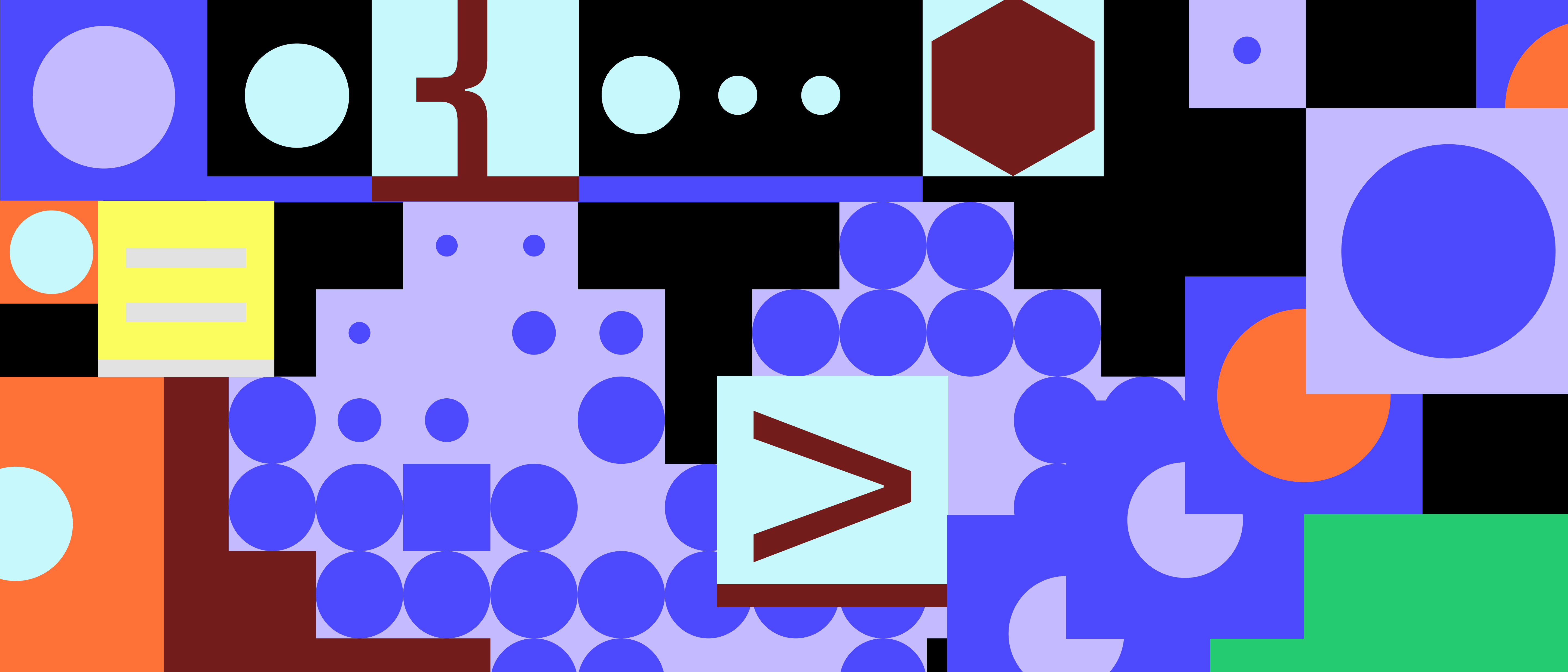 Abstract geometric pattern with colorful circles, squares, and shapes in blue, black, orange, yellow, light blue, and maroon.