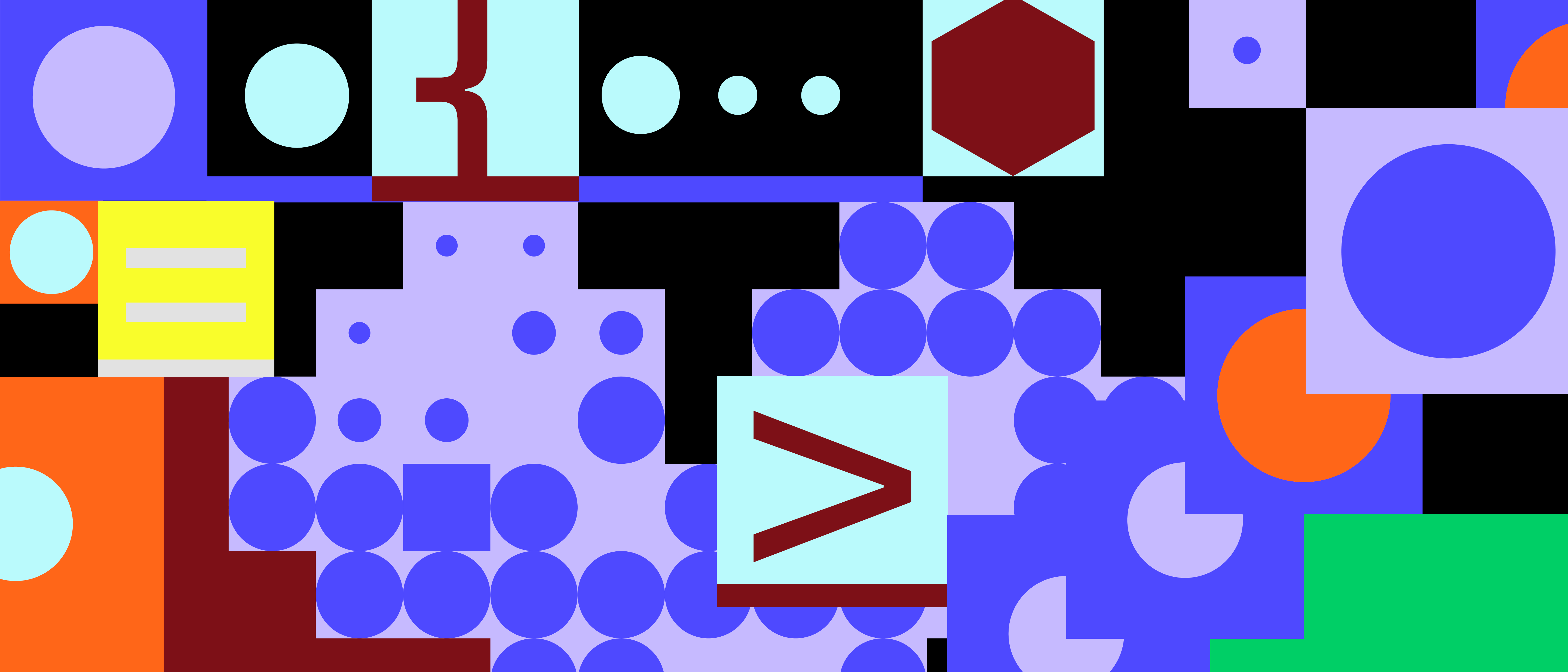 Abstract geometric pattern with colorful circles, squares, and shapes in blue, black, orange, yellow, light blue, and maroon.