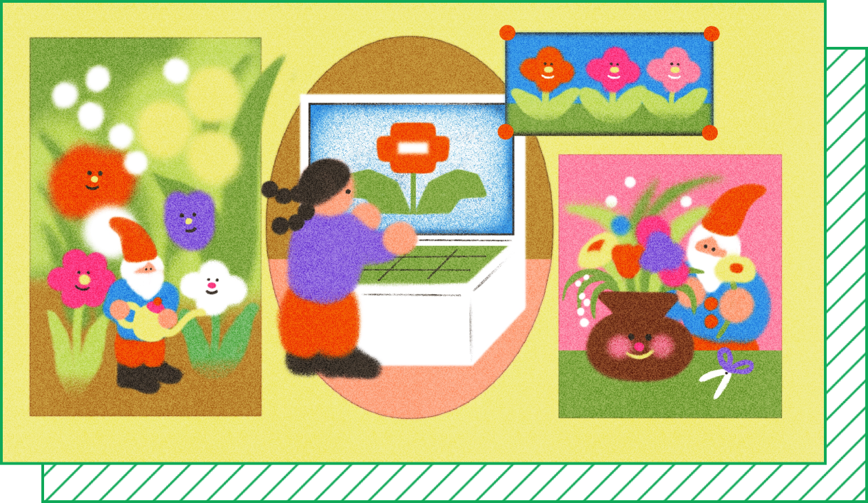 An illustration of a person typing at a computer with a red flower on the screen, superimposed with frames depicting gnomes watering and arranging other flowers.