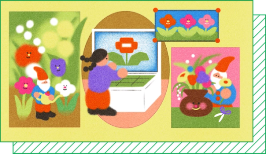 An illustration of a person typing at a computer with a red flower on the screen, superimposed with frames depicting gnomes watering and arranging other flowers.