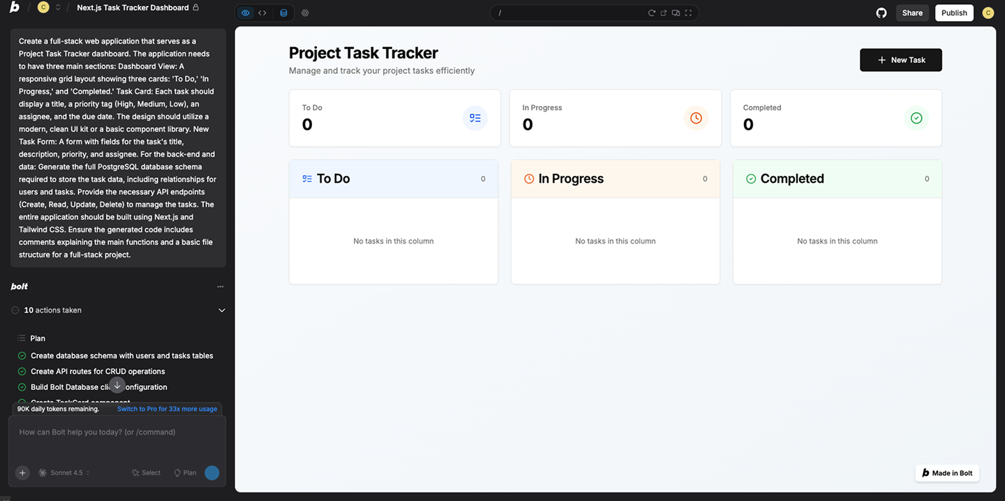 A screenshot of a productivity app prototyped on Bolt.